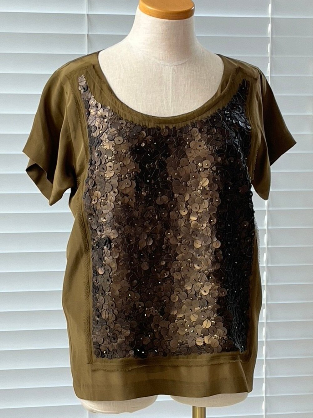 JCREW 100% Silk Army Green  Sequined Pullover Tunic Top S